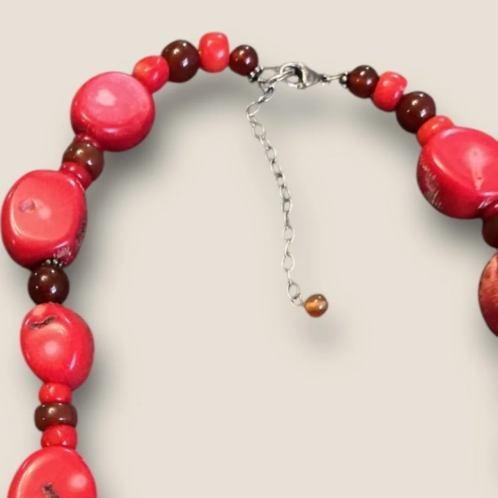 Vintage Artisan Red Dyed Coral Chunky Statement Sterling Silver Necklace